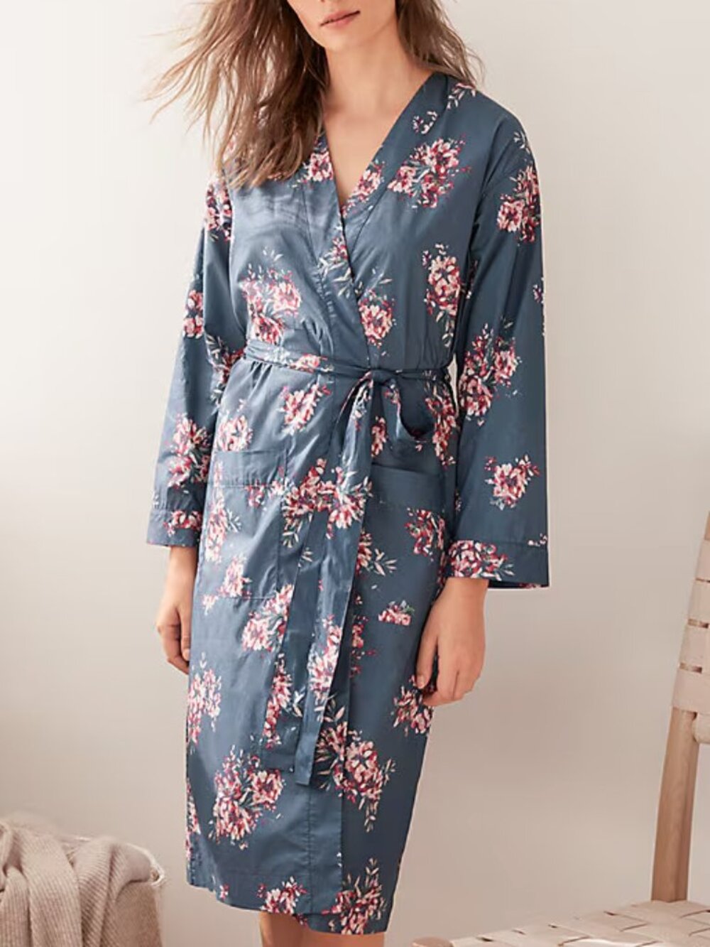 Garnet Hill Organic Cotton Robe XS Womens Blue Floral Wrap Kimono Bathrobe